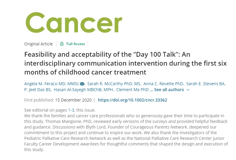 JournalCancer's tweet photo. The @day100talk offers families of children with cancer and their care teams conversation tools to overcome communication gaps. It's a chance to step back to the big picture, get on the same page, and ensure optimal family support. https://t.co/lU1iBytIuh #pedpc https://t.co/nDev5C0RD2