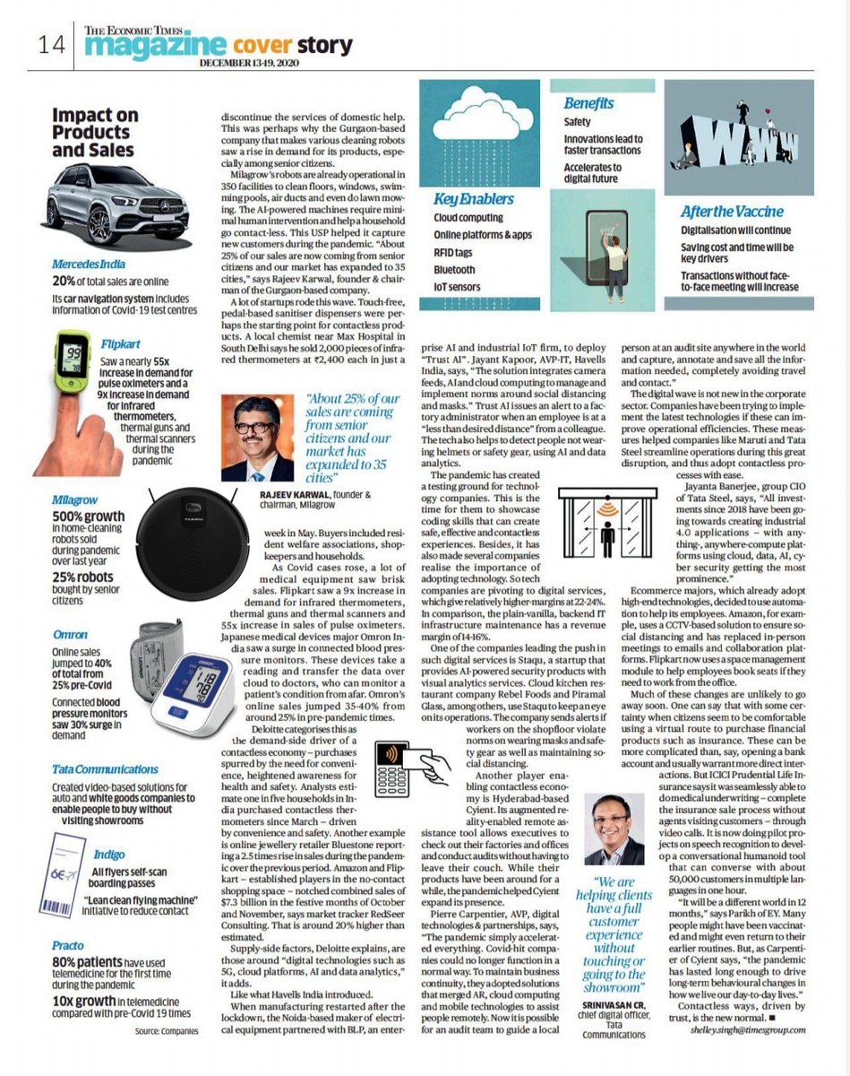 rajeevkarwal's tweet image. Thank you @shelleysinghET @EconomicTimes for a great article on #contactlesstechnology #roboticautomation . Yes @MilagrowRobots India&apos;s Number 1 Service Robot Brand has grown by over 500%this year due to increased demand from #hospitalityindustry #facilitymanagement