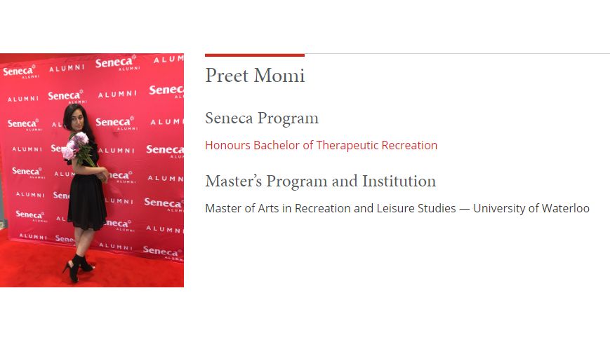 SenecaPoly's tweet image. "My advice to students who are currently studying therapeutic recreation at Seneca is to never give up. Learning comes with growth, which comes with ups and downs. " See what Preet had to say about furthering her Seneca degree to a masters: bit.ly/2JVv45f #SenecaPathways