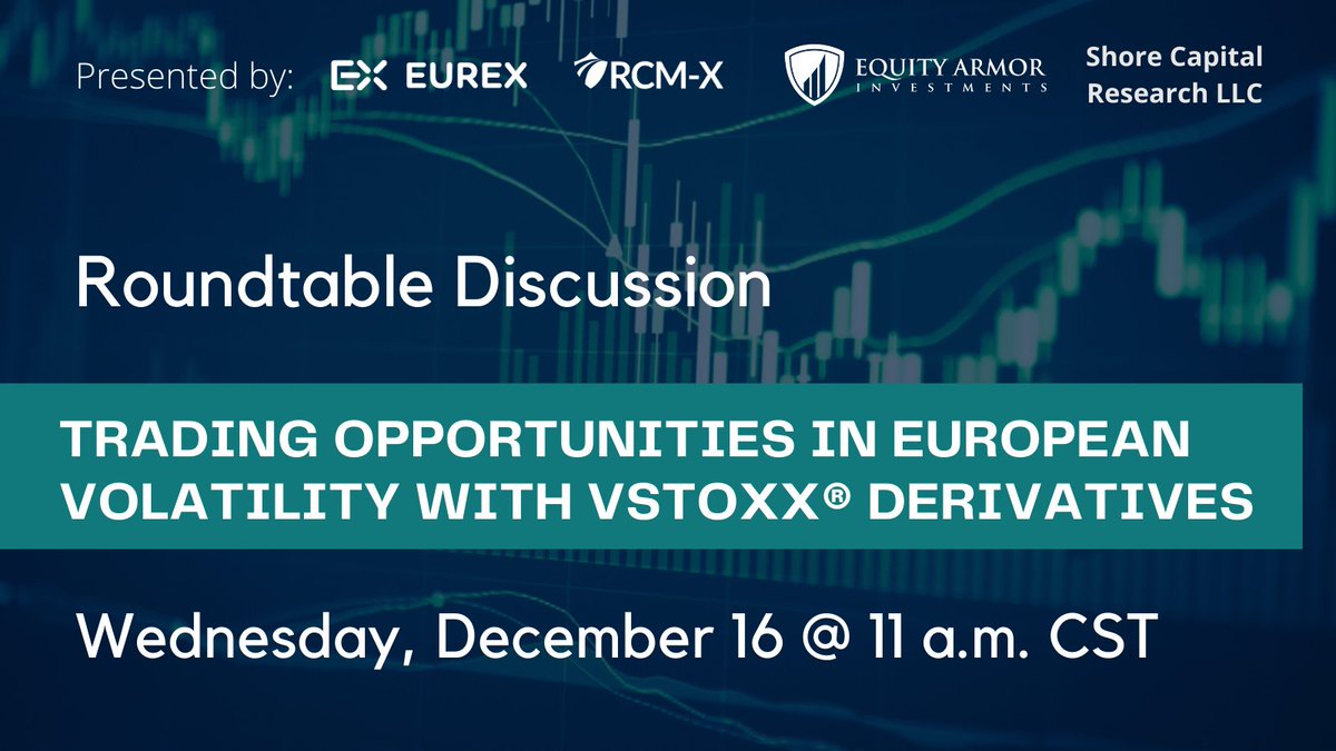 rcmx_algos's tweet image. STILL TIME TO REGISTER: Today at 11 a.m. CST we're joined by @EurexGroup, @JoeTigay, & @shorecap for a webcast discussion on Trading Opportunities in European Volatility with VSTOXX Derivatives. Register here ➡️ hubs.ly/H0CdVlZ0