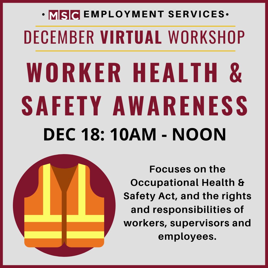 MSCTillsonburg's tweet photo. ❗❗DON'T FORGET❗❗ Our (Virtual💻) Health &amp; Safety Awareness Workshop is happening Friday from 10AM-NOON.

Learn about the Occupational Health &amp; Safety Act, and the rights and responsibilities you have as an employee! 📄✏️

REGISTER by Dec 17 at 1:00PM✔️
https://t.co/Dx42c7K31w https://t.co/De0GK0gboR