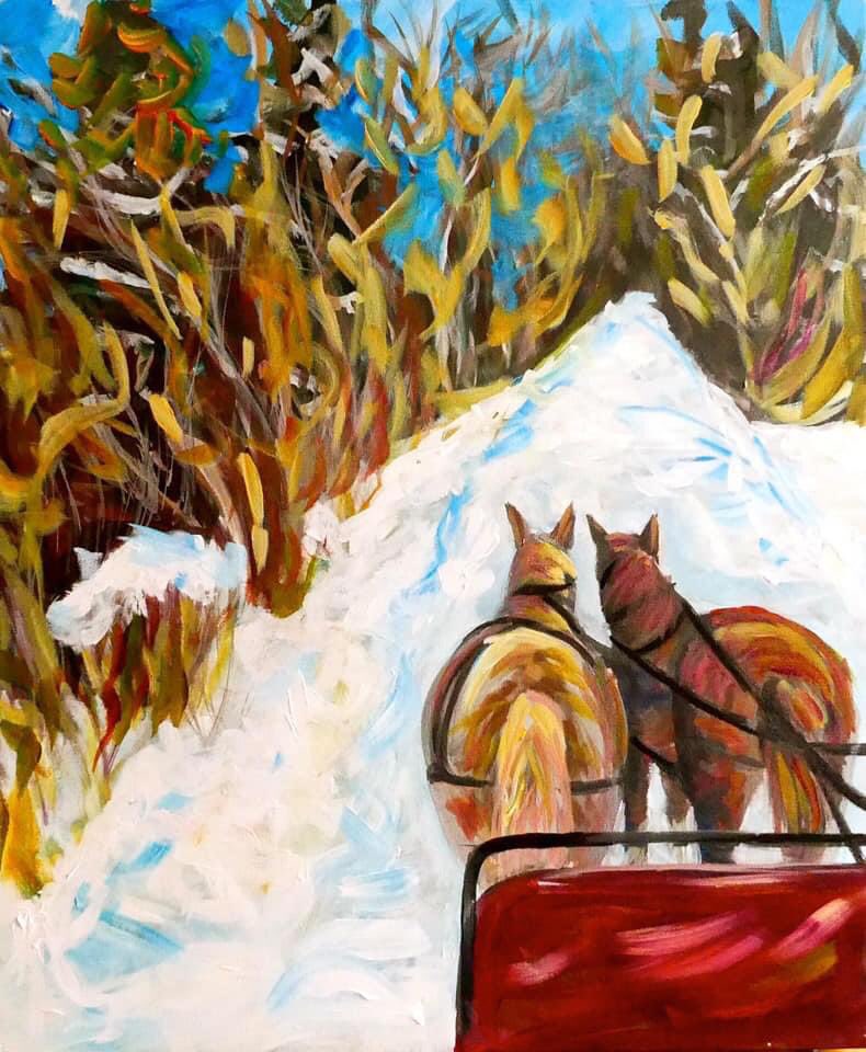 This is of Thompson carriage rides in Ontario- a couple of years ago I did this painting of one of their riders because it was so magical ❤️ there is so much to be grateful for in this neck of the woods #painting #ArtistOnTwitter #canadianartist #ontario #stratfordon 
#horseart