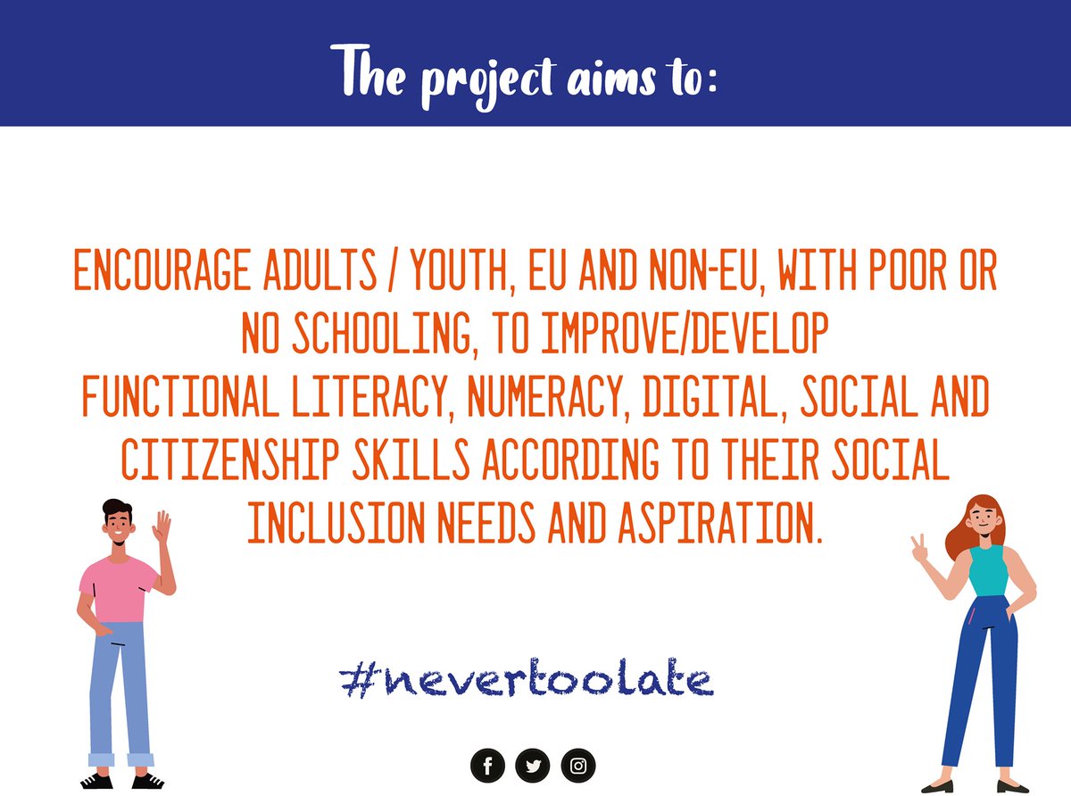 The project aims to provide methodological tools to professionals in basic #education and citizenship for adults. Well do you know what is the role of adult learning in active #citizenship? 🧐
#nevertoolate #ErasmusPlus
👉 bit.ly/2JYK0Q#neverto…