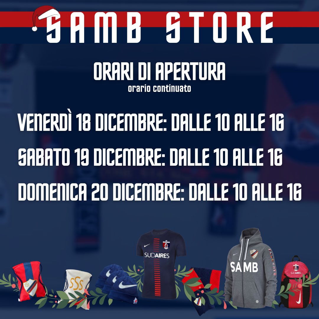 Samb_Calcio's tweet photo. Vi aspettiamo al #SambStore di curva Nord venerdì, sabato e domenica dalle 10 alle 16!🎅🏻🔴🔵 https://t.co/0LnrhJyg68