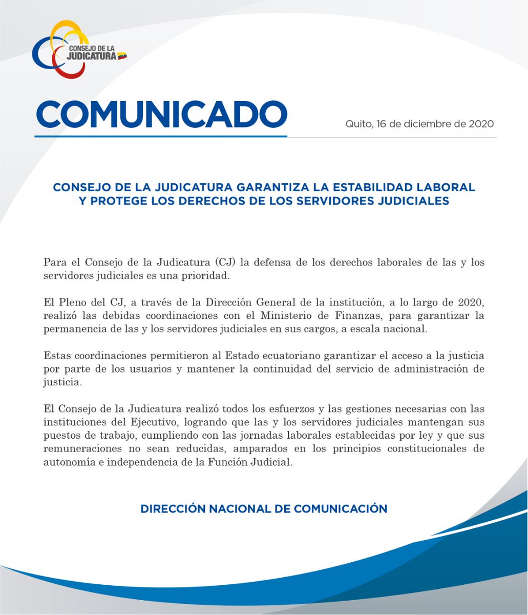 CJudicaturaEc's tweet photo. COMUNICADO | Consejo de la Judicatura garantiza la estabilidad laboral y protege los derechos de los servidores judiciales. Mire más aquí ➡️ https://t.co/vbapiTUSZP https://t.co/qmLpHy4Mxv