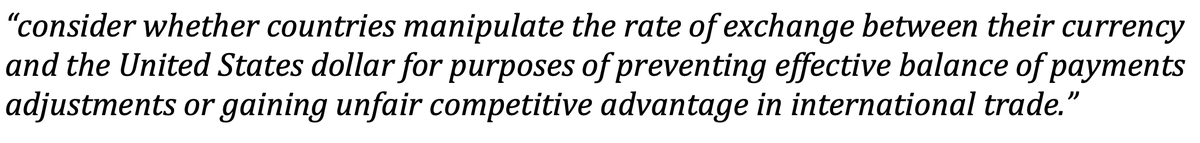 As background: the law is meant to flag and confront countries that "manipulate" their exchange rates in order to gain unfair competitive advantages in international trade, that is to weaken their exchange rates to boost their exports.