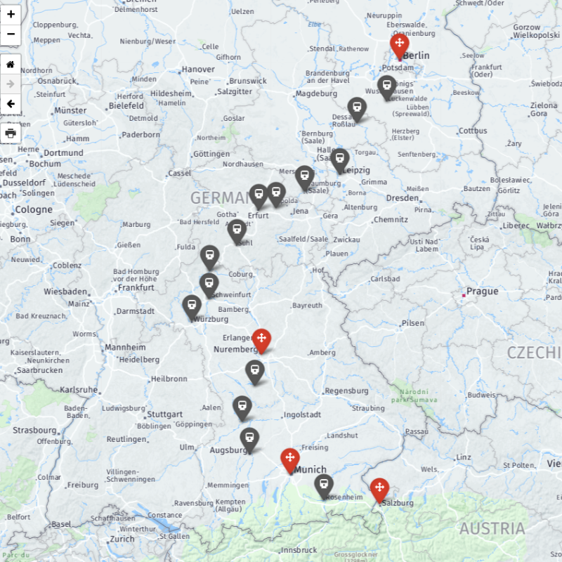 EuropeByRail's tweet photo. The map of our #RouteoftheDay from #EuropebyRail, a long journey from Berlin south to Salzburg. You can explore the map in more detail here: https://t.co/EejhQHQKfo https://t.co/pBlhsX97T9