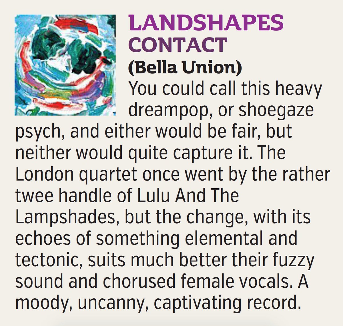“You could call this heavy dreampop, or shoegaze psych, and either would be fair, but neither would quite capture it… A moody, uncanny, captivating record.” <a href="/landshapesband/">landshapes</a> new album 'Contact' reviewed in today's <a href="/MetroUK/">Metro</a>!