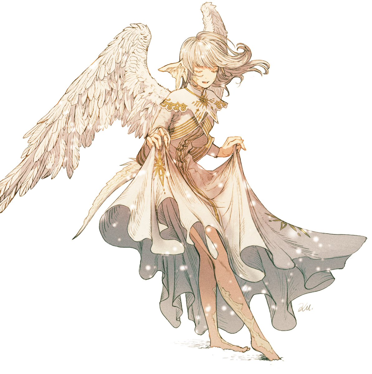 1girl solo wings closed eyes au ra barefoot tail  illustration images