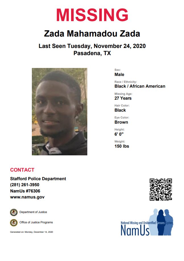 Zada Zada was last seen on November 24, 2020, in Pasadena, Texas. More information regarding his disappearance can be found in his #NamUs case file: namus.gov/MissingPersons…