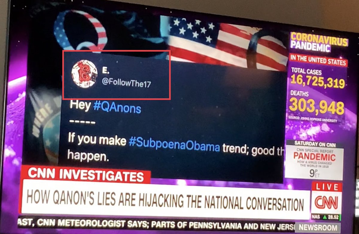   @DrewGriffinCNN DM me immediately please.You highlighted a  @JasonLSullivan_ op from SIX MONTHS ago. That account was suspended SEVEN TIMES by US because we identified it as the most dangerous QAnon Twitter account. #RIPQ