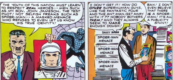  #Spiderman is a false idol to folks like newspaper editor J. Jonah Jameson. Isn't Jameson part of the establishment the CCA mandated shall be respected? Are we identifying with Peter, who, to Jameson, is a 'menace' (which seems a dog whistle for 'criminal' or 'delinquent')