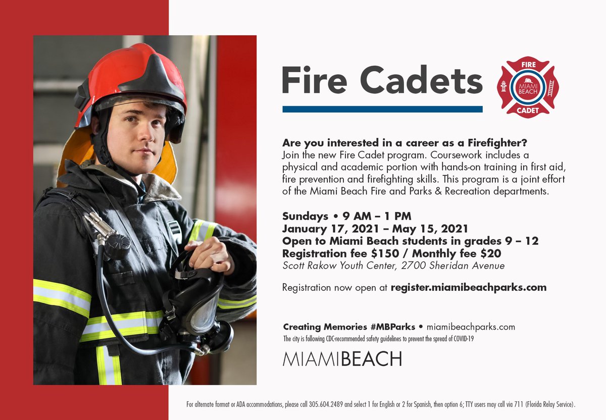 MiamiBeachFire's tweet photo. Is your teen interested in becoming a firefighter? Weβve launched our first Fire Cadets program for Miami Beach high school students!
Theyβll have hands on training in first aid, fire prevention & firefighting skills β register now: https://t.co/WMXwQ0chFA #MBFDCadets #MBParks https://t.co/gzyPTHwcPi