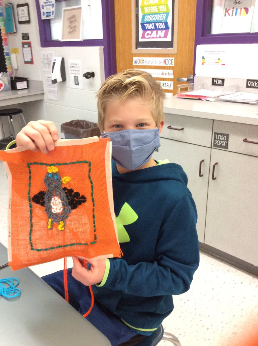 Third graders mastering the folk art of Grandma Moses and embroidery! #DevelopExcellence #KoMetStrong <a href="/KMElem/">KM Elementary School</a>