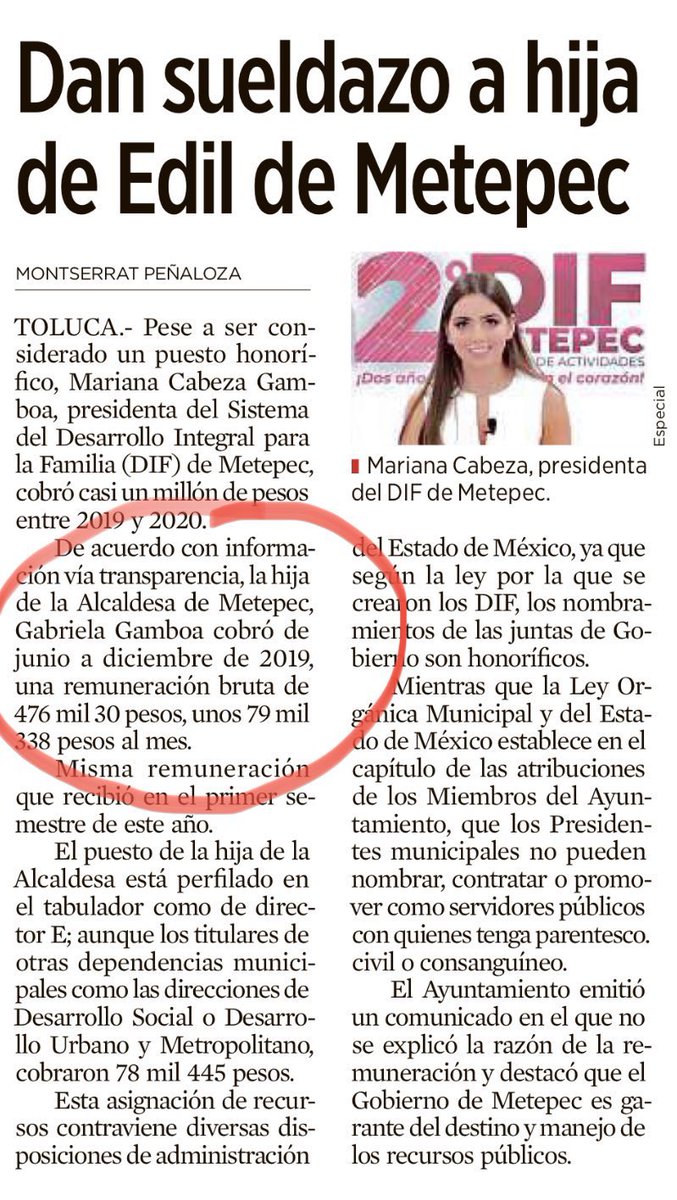 DeniseDresserG's tweet photo. Para esto sirve el @INAImexico al que usted tanto descalifica presidente @lopezobrador_ 

Para poder informar a la población sobre abusos del poder, pasados y presentes.

En este caso, cómo la alcaldesa morenista de Metepec le ha dado un sueldazo a su hija, con puesto honorario. https://t.co/mMEtXv2qki