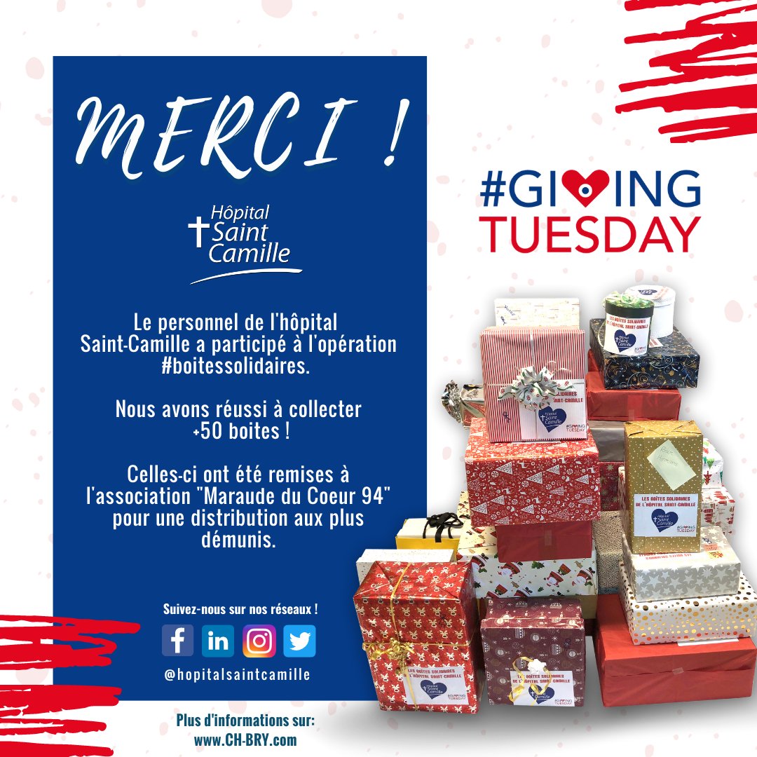 Le personnel de l'hôpital 
Saint-Camille a participé à l'opération #boitessolidaires. 

Nous avons réussi à collecter
 +50 boites !

Celles-ci ont été remises à l'association " @Maraude du coeur 94 " pour une distribution aux plus démunis.