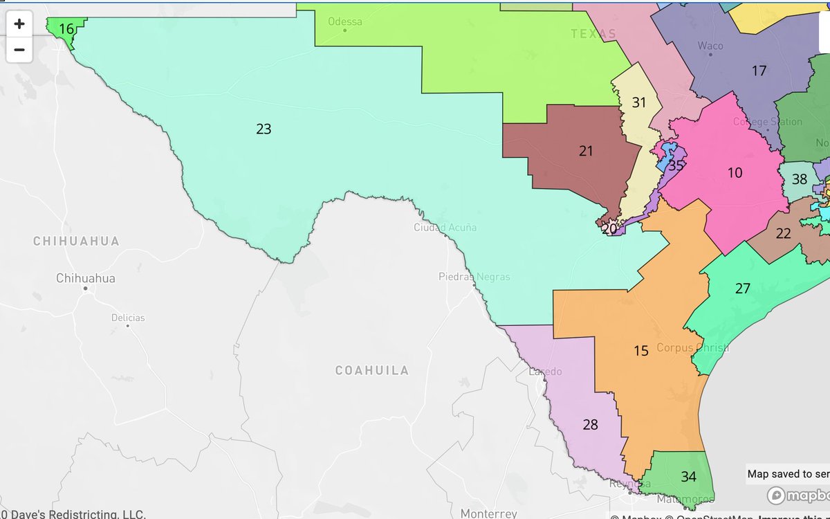 Finally, on the border: Rs would target Rep. Vicente Gonzalez (D) by converting  #TX15 (narrow Biden win) into a double-digit Trump seat. Rs would also shore up new Rep. Tony Gonzales (R) by making  #TX23 a double-digit Trump seat - all while keeping both seats 60%+ Hispanic.