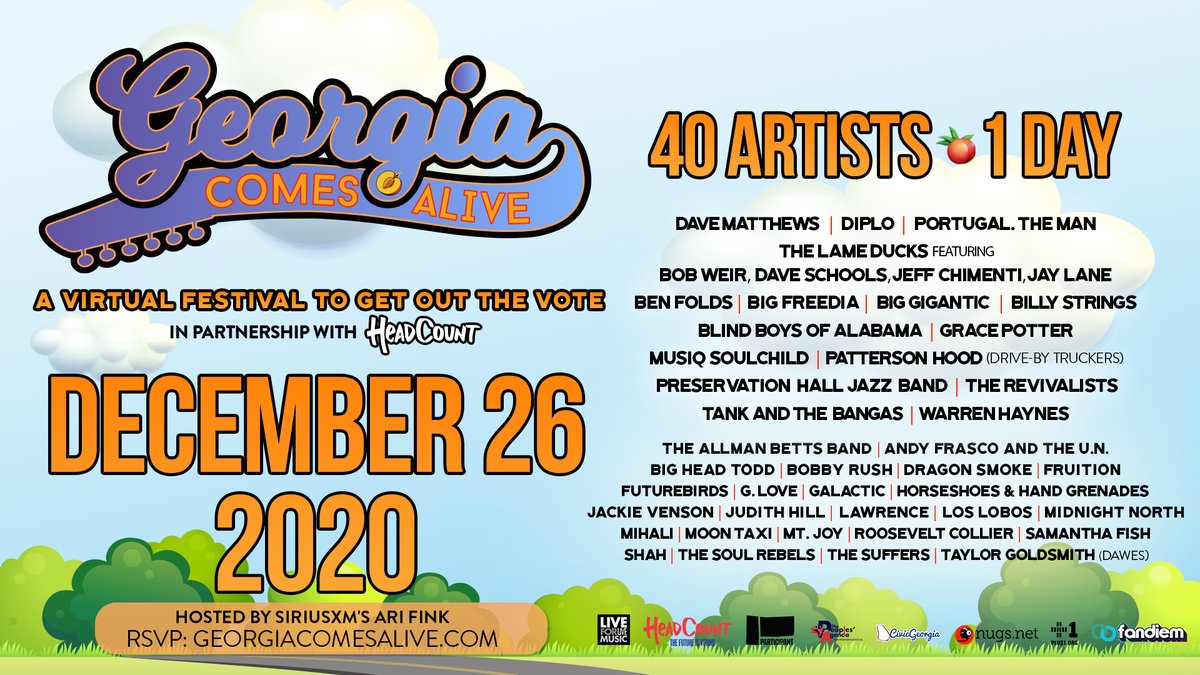 BobWeir's tweet photo. I am thrilled to join the lineup for @GAComesAlive, a virtual music festival to get out the vote in the upcoming GA runoff elections.🍑 RSVP by donating any amount to access the stream and tune in on 12/26! https://t.co/reKLFWbx0H https://t.co/3HZ5QNZ2wz