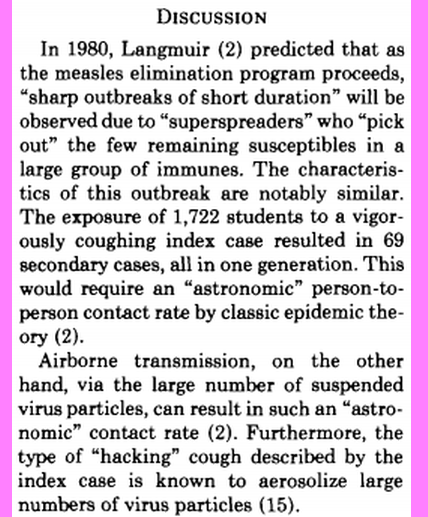And hey while we're looking at old measles arguments, put on your legwarmers let's visit 1989 to say hello to **all the same arguments from 2020, hashed out 30 years ago**Yup, measles had superspreaders & big infection events. Classic person-to-person couldn't account for it.