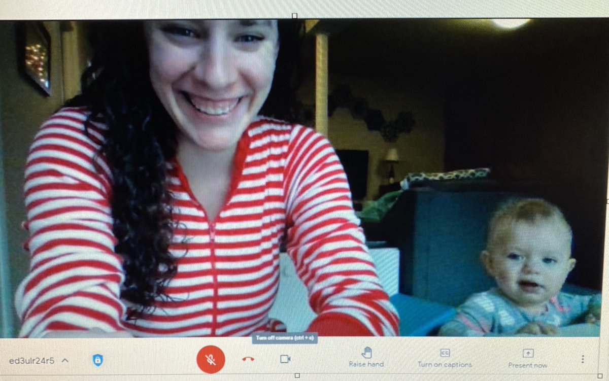 Sarah__Grogan's tweet photo. Teaching virtually from home in 2020, on a “snow day” that closes daycare and provides me with the cutest little coworker, on “candy cane” spirit day looks something like this... https://t.co/zD6NaGhrDJ