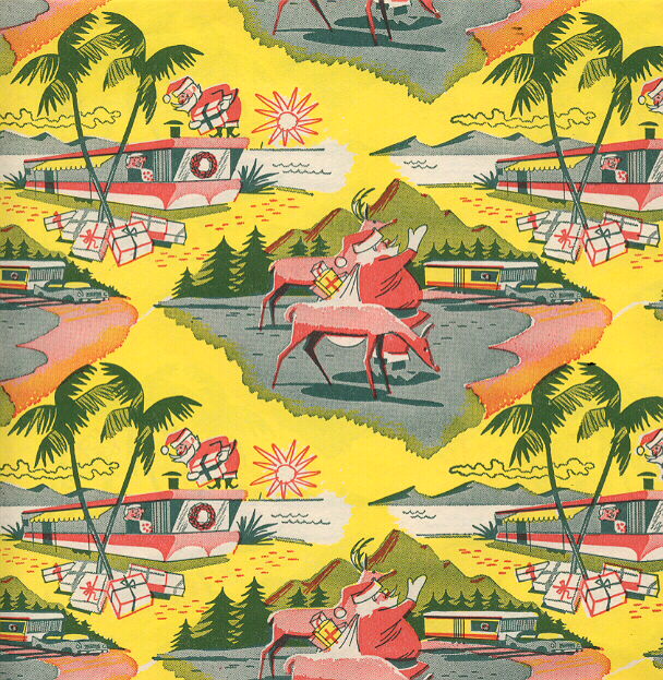 Vintage Christmas wrapping paper - Midcentury Modern Santa with trailer.  #wardsmorguefile