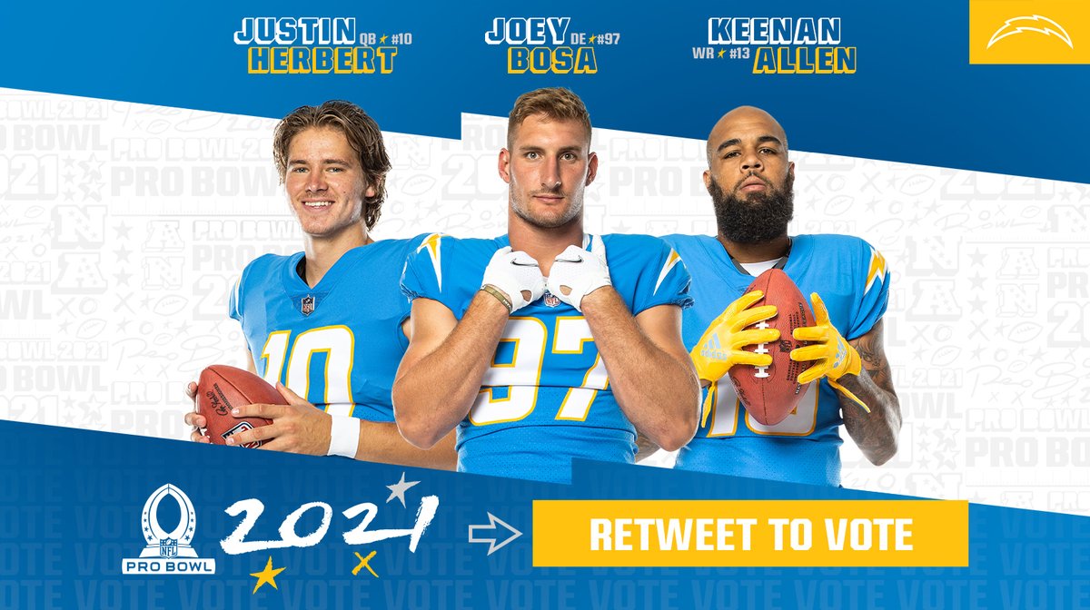 chargers's tweet image. 🚨 EVERY RT = 2 VOTES 🚨

#ProBowlVote + Justin Herbert
#ProBowlVote + Joey Bosa
#ProBowlVote + Keenan Allen