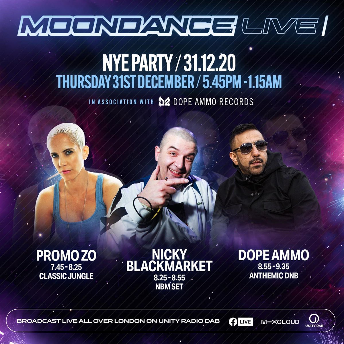 Moondance Live  2️⃣0️⃣2️⃣1️⃣🤩🤩🤩NYE PARTY
In association with Dope Ammo
This is going to be massive! NYE sees the return of Dope Ammo and Promo Zo alongside Moondance ‘Jungle Champion’ Nicky Blackmarket. Create your own VIP area in the living room and dance like it’s 20212️⃣0️⃣2️⃣