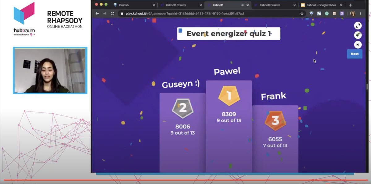BeMyAppEMEA's tweet photo. It's time for a quiz! 🤩 only a few moments before the winners of the #hackathon #RemoteRhapsody will be announced! So exciting! @hubraum @Telekom_group Stay tuned 🏆 Final demo here ➡️ https://t.co/uQxTwFDgP6 https://t.co/3jzaVZ2Uwe