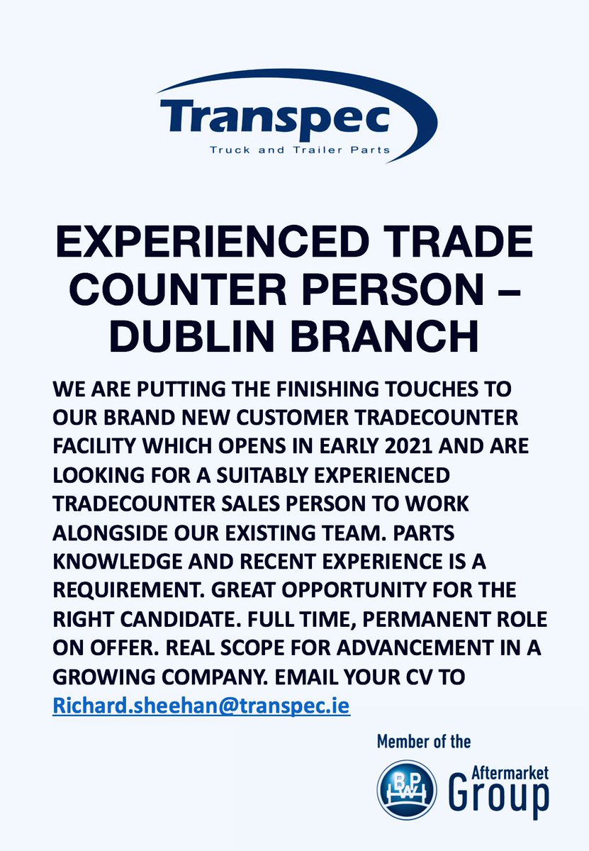 Immediate vacancy in our Baldonnell branch in Dublin.