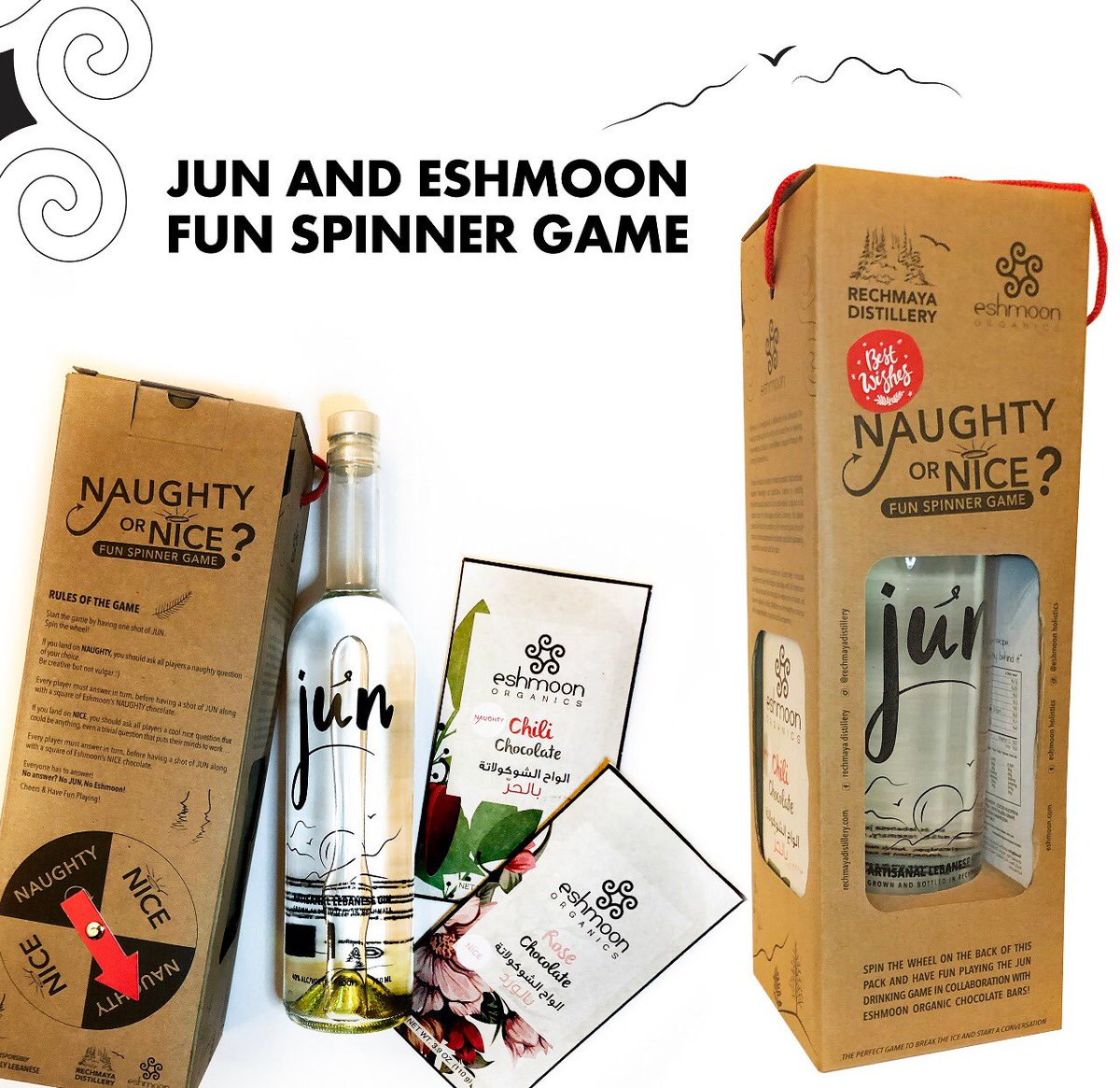 Naughty or Nice?
Check the rules on the pack, spin the wheel to play the game,enjoying a shot of JUN with a bite of a naughty or nice chocolate bar
chterelebnene.com/christmas-pack… 
.
.
#chterelebnene #christmasgifts #gin #jungin #eshmoonorganics #gifts #giftideas #spin #naughtyornice