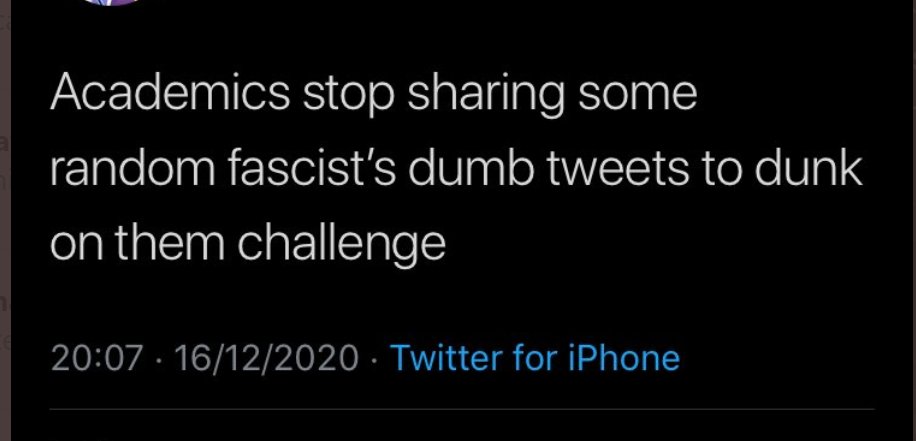 ISASaxonists's tweet photo. Hard disagree. Academics have a duty to correct fascists and not brush them off as "dumb" tweets. Also if we don't challenge fascists then we allow misinformation to continue. You are free to sit your saltine ass down and say nothing, but responsible academics won't stay quiet. https://t.co/FbuaQjUFha