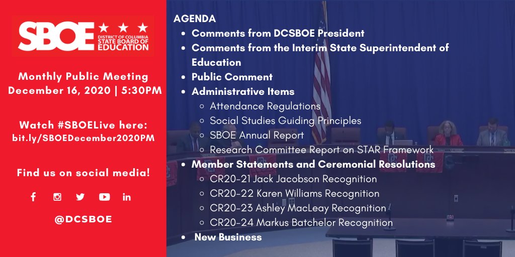 Tonight at 5:30! Join us for the last public meeting of the year 💫

<a href="/DCSBOE/">DC State Board of Ed</a> members are voting to approve attendance regulations, the #SocialStudies Guiding Principles, and more, and honoring our departing State Board members

Watch #SBOELive at bit.ly/SBOEDecember20…