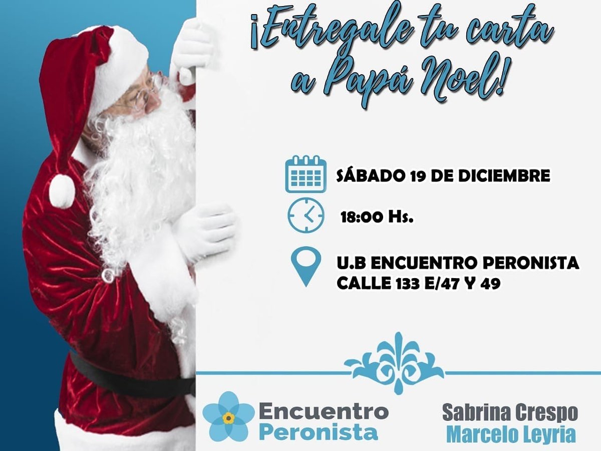 EP_scgambier's tweet photo. ¡Este sábado 19 viene Papá Noel a recibir las cartitas de les pibis! 👧🏽👶🏾

Acércate a conocerlo y dejarle tu carta 😍👴🏼

~Militando la cultura del encuentro 💙

#PapaNoel #Navidad #Natalidad #NavidadEnLaPlata #LaNavidadEsPeronista #NavidadConPeronYEvita #NavidadConJusticiaSocial https://t.co/uRQBXlzWEZ