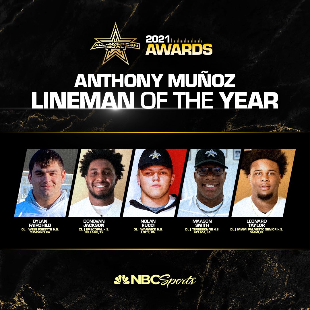Navy All-American Bowl (@aabonnbc) on Twitter photo 2021 Anthony Muรฑoz ๐๐ถ๐ป๐ฒ๐บ๐ฎ๐ป ๐ผ๐ณ ๐๐ต๐ฒ ๐ฌ๐ฒ๐ฎ๐ฟ ๐๐ถ๐ป๐ฎ๐น๐ถ๐๐๐
โ <a href="/DylanFairchild6/">DylanFairchild ๐3</a> (Cumming, GA)
โ <a href="/D_jack78/">Donovan Jackson</a> (Bellaire, TX)
โ <a href="/nolanrucci/">Nolan Rucci</a> (Lititiz, PA)
โ <a href="/maassoonn_/">MAASON SMITH</a> (Houma, LA)
โ <a href="/56reasons_/">Leonard Taylor iii</a> (Miami, FL)
#AAB21 ๐บ๐ธ
#AllAmericanBowl ๐
aab.nbcsports.com/2020/12/16/allโฆ 2021 Anthony Muรฑoz ๐๐ถ๐ป๐ฒ๐บ๐ฎ๐ป ๐ผ๐ณ ๐๐ต๐ฒ ๐ฌ๐ฒ๐ฎ๐ฟ ๐๐ถ๐ป๐ฎ๐น๐ถ๐๐๐
โ <a href="/DylanFairchild6/">DylanFairchild ๐3</a> (Cumming, GA)
โ <a href="/D_jack78/">Donovan Jackson</a> (Bellaire, TX)
โ <a href="/nolanrucci/">Nolan Rucci</a> (Lititiz, PA)
โ <a href="/maassoonn_/">MAASON SMITH</a> (Houma, LA)
โ <a href="/56reasons_/">Leonard Taylor iii</a> (Miami, FL)
#AAB21 ๐บ๐ธ
#AllAmericanBowl ๐
aab.nbcsports.com/2020/12/16/allโฆ
