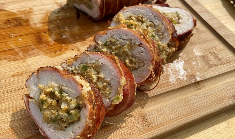 ServeTurkey's tweet photo. #DYK you can also prepare a tasty turkey roulade on the grill?! Check out this version by @DrBBQ that's stuffed tight with spicy cornbread stuffing and wrapped in prosciutto! We'll bite. #12DaysofTurkey https://t.co/aktGIngvdt https://t.co/EKjPJJnLPI