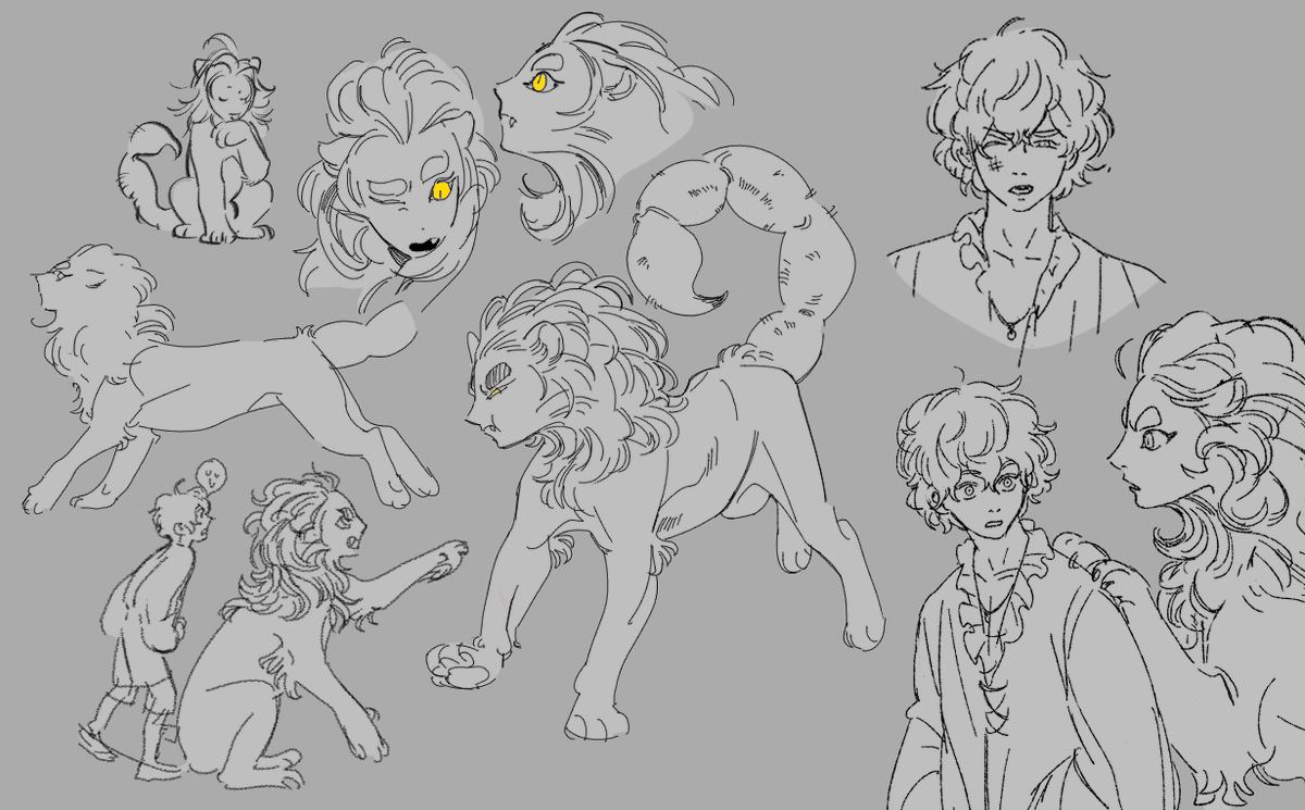 recent manticore sketches and doodles. i have a comic idea forming in my head. the center lion pose was referenced since idk how animals work 50% of the time 