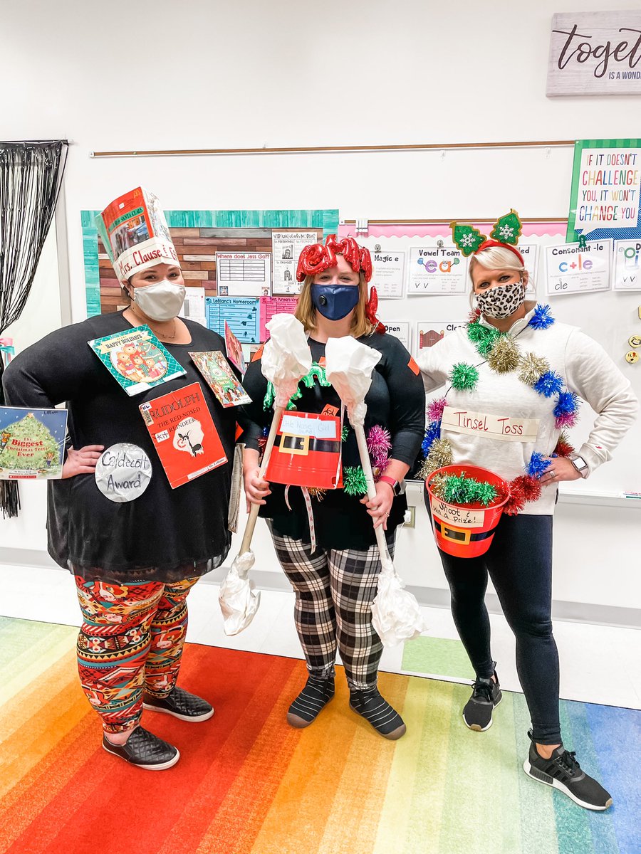 Ugly Sweater Contest three way tie for Most Interactive goes to the 3rd Grade Team! <a href="/BryanRoadES/">Bryan Road Elementary School</a> with Mrs.Clause and Effect, Little Nose-Swab Girl, and Tinsel Toss Girl!