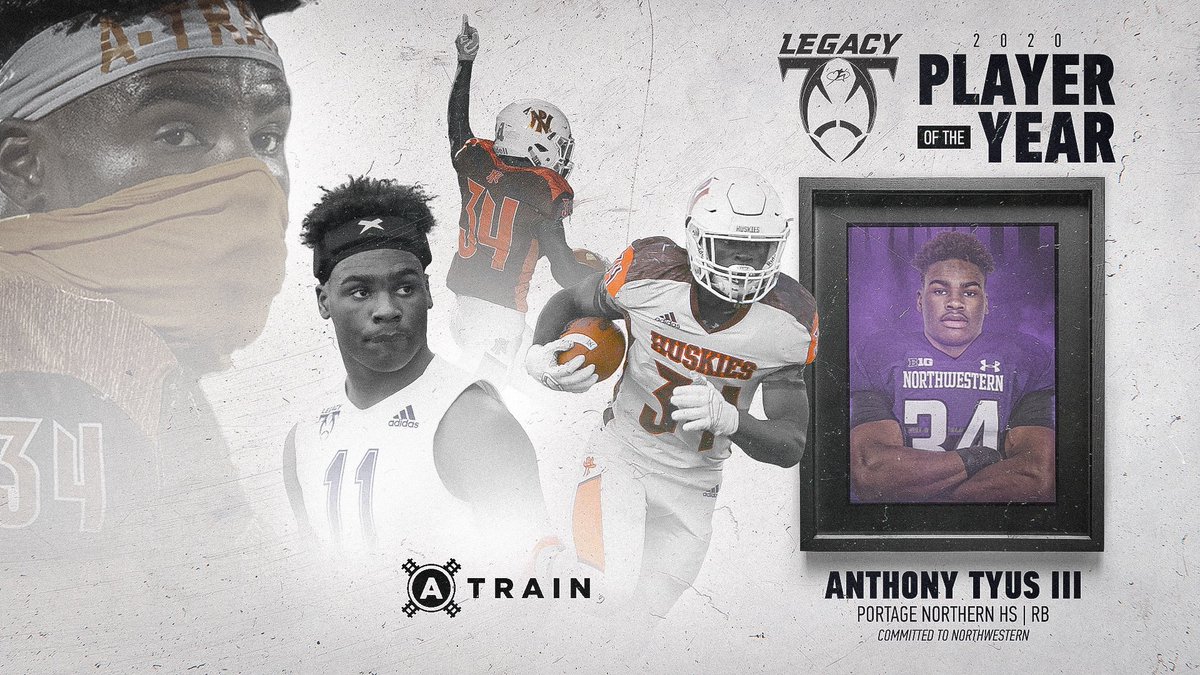 Congratulations to the 2020
Legacy Football Player of the Year RB <a href="/AnthonyTyusIII/">Anthony Tyus III "Tre"</a> Of Portage Northern! A fantastic football player &amp; even better human being committed to <a href="/NUFBFamily/">Northwestern Football</a>..2264 all purpose yds, 22TDs, 54Tackles &amp; 2INTs #JoinTheMovement <a href="/Legacy_Recruit/">Legacy Recruiting</a> @legacy_mediagrp