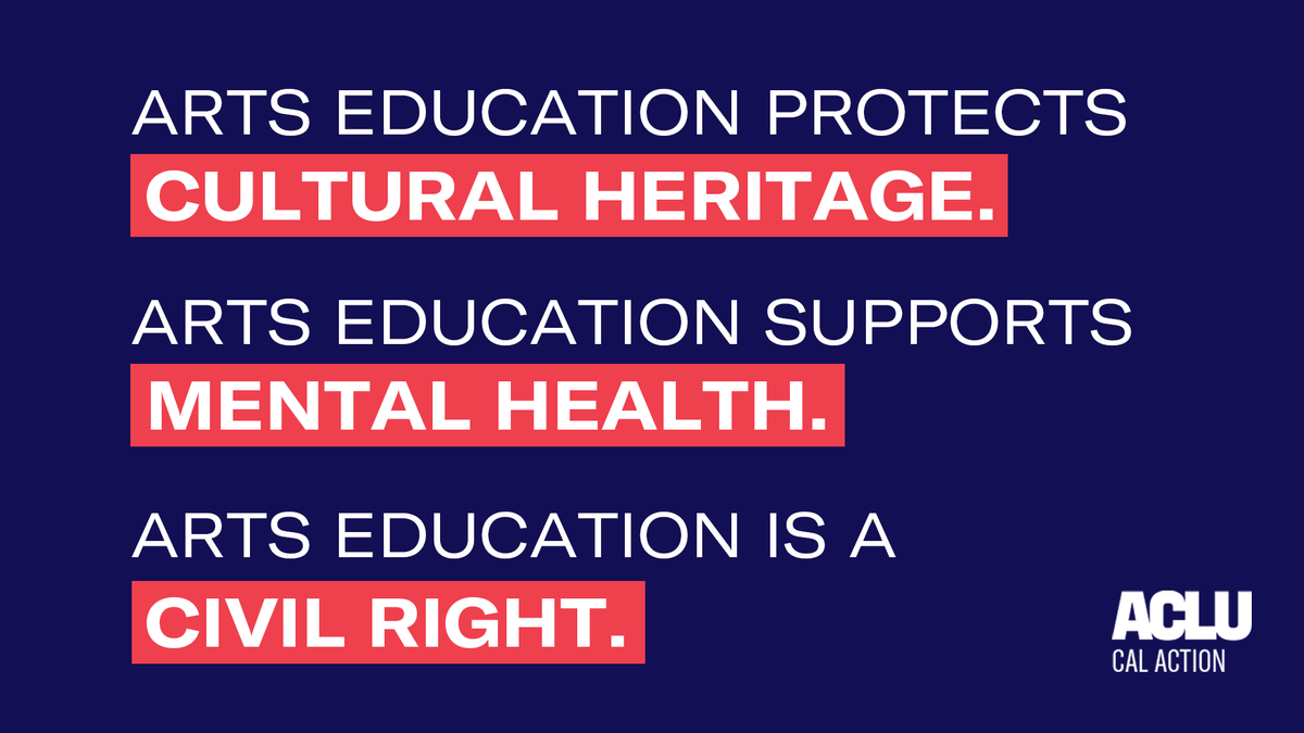 ACLU_CalAction's tweet photo. In CA, there is systematic inequality in arts education.
Only 4 of 10 students have access despite state law requirements + proven health & academic benefits.
‼️ Sign the petition to Gov. @GavinNewsom
& CA leaders to demand change: https://t.co/A9K9LAgTMa #CounselorsNotCops https://t.co/kTvFPtrqME