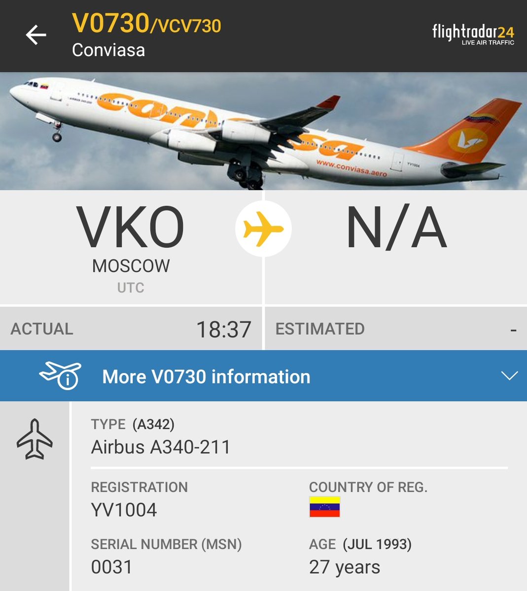 Gerjon_'s tweet photo. Woah! Unfortunately it's way past sunset, but this is the first time I see "Aeroterror" Conviasa Airbus A340-200 reg. 🇻🇪#Venezuela over "my" 🇳🇱Netherlands, as flight #VCV730 from 🇷🇺#Moscow.
Cc. @PhilipDroge @MennoSwart https://t.co/G2EVki40ak