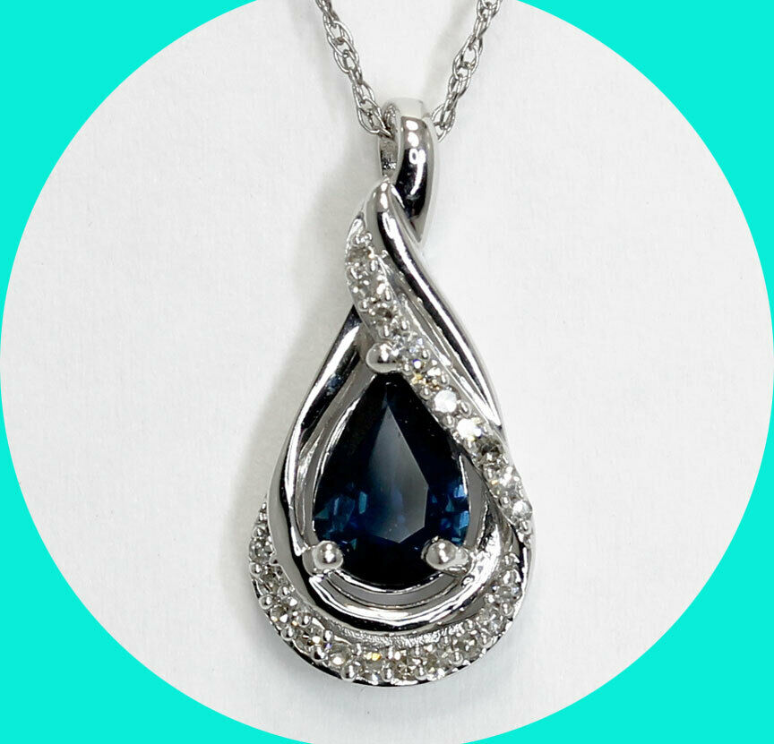 So pretty! Sapphire pear teardrop pendant necklace with diamonds set in 14K white gold with rope chain. (.60CT) At only $125, why pay retail? #sapphirenecklace #sapphirependant #holidaygift #christmasgift #holidayjewelry #sapphirejewelry ow.ly/qLz830roTvU
