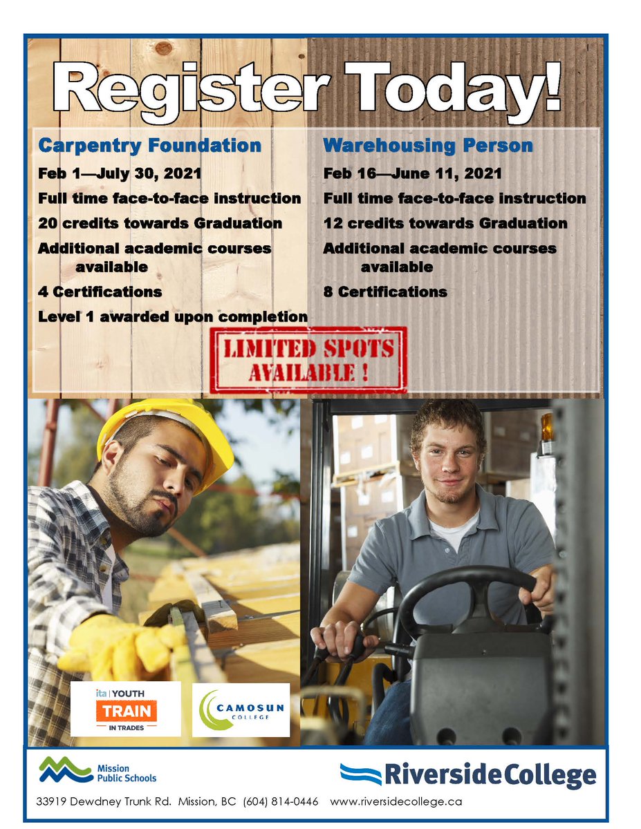 Looking for a change?  Looking for full-time face-to-face instruction?  Looking for Training?  Look no farther than Riverside College. @MPSD75 <a href="/DpacMission/">MissionDPAC</a> @ita_youth <a href="/ita_advisors/">ITA Advisors</a> <a href="/WorkBC/">WorkBC.ca</a>