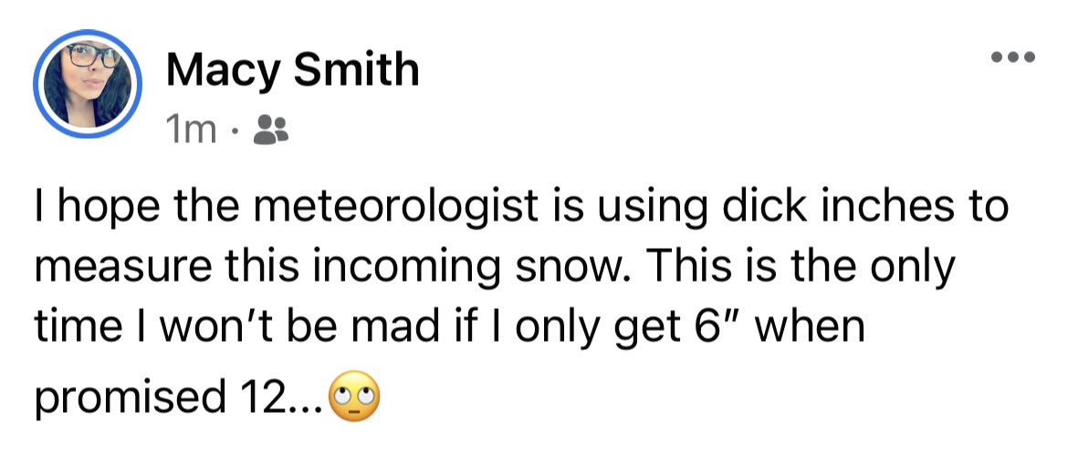 I hope the meteorologist is using dick inches to measure this incoming snow. This is the only time it’s acceptable to get 6” when promised 12...#SnowStorm2020 #Connecticut #SendHelp @iamcardib ya feel me?