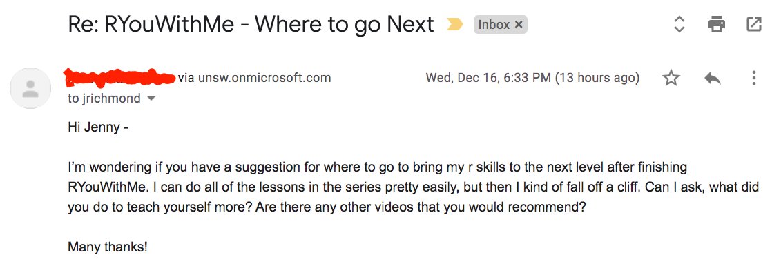 I love it when people email me and tell me about how useful  #RYouWithMe by  @RLadiesSydney has been in their  #rstats journey. I love it even more when they email again and ask where they should go next. Here is my answer in a ... 1/n