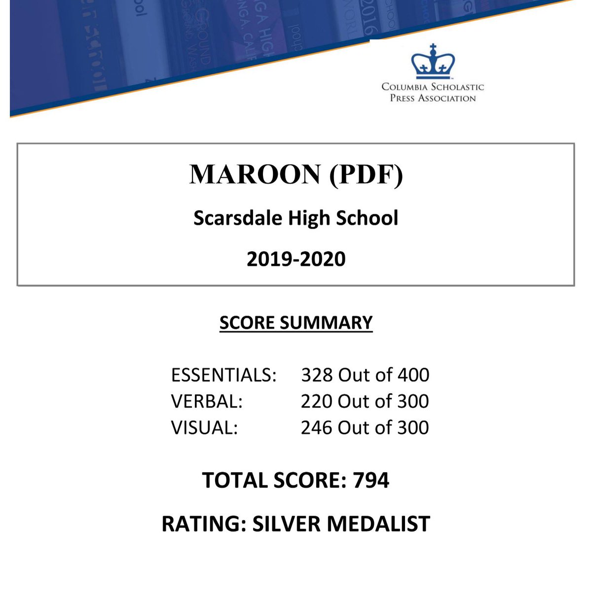 shsmaroon's tweet photo. For the first time since 2007, we are excited, proud, and honored to announce that Maroon has earned a silver medal from @CSPA (only 6 points from gold)! Thank you to our amazing staff and all of the students who read our content! https://t.co/MdL76KoBzd