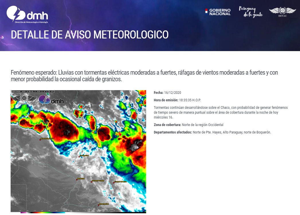 DMH_paraguay's tweet photo. Aviso Meteorológico N° 507/2020 Emitido. 
Enlace: https://t.co/UPvMU0QoCO
Fecha: 16/12/2020
Hora: 18:35 hs. https://t.co/6UYZ9RvI2L