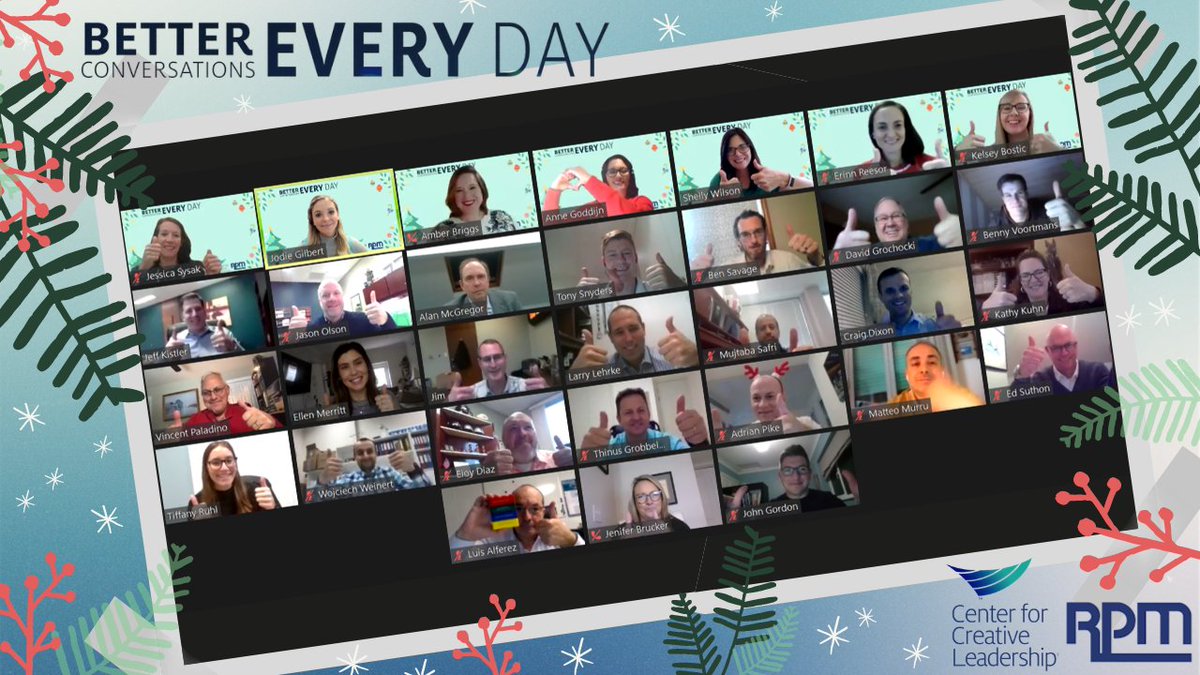 HRJodieG's tweet photo. Wonderful festive close to BCE training for 2020!
Thank you to our @RPMintl colleagues and @CCLdotORG for the content that drives collaboration and connection with others!
Wishing everyone a happy and safe holiday season!
#betterconversationseveryday #training #happyholidays https://t.co/P0mjPiLb7F