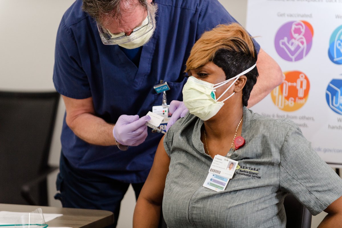 sentarahealth's tweet photo. Just a few of our #healthcareheroes rolling up their sleeves to help us get one step closer to the end of the COVID-19 #pandemic.

These frontline warriors take care of #COVID19 patients and now, stepping up to receive the first doses of the Pfizer COVID-19 vaccine. #OurHeroes https://t.co/MrbgpaCD1h