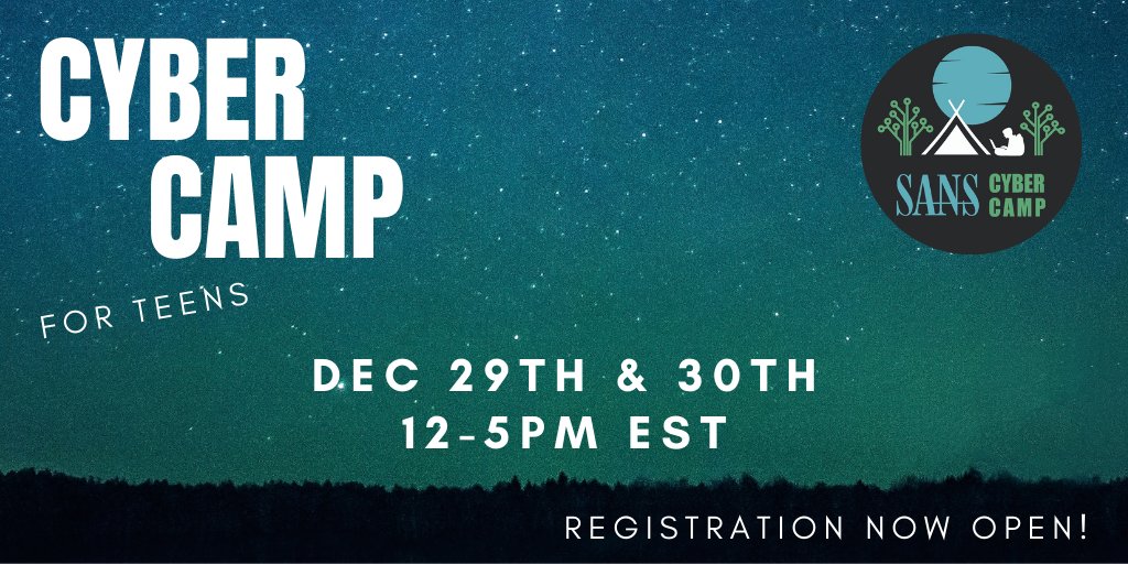 SANSDefense's tweet photo. SANS is finishing the year off with another #SANSCyberCamp for Teens to inspire the next generation of #cybersecurity professionals! Please share this event with any teens you know who might be interested in a career in cybersecurity.
Register here: https://t.co/pCJhtG69CL https://t.co/fTlSNR5Why
