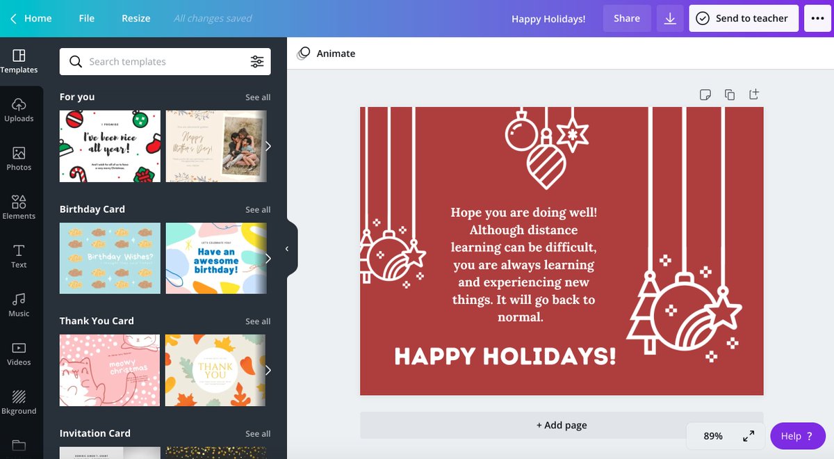 AmyC_NTHC's tweet photo. Because of COVID situations, @NewTechCoppell has separated learners into online and in-person. This holiday season we are using CANVA to make cards for our fellow learners during this time. #HappyHolidays #nthcHolidays @Bence_EDU @DigitalZruiz https://t.co/qq4B75pMat
